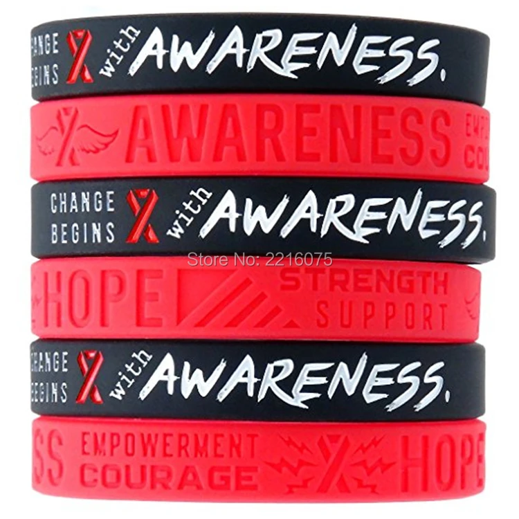 100pcs Awareness Red Ribbon wristband silicone bracelets free shipping