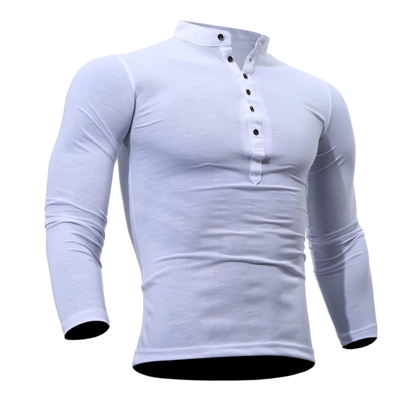 Men Clothing Henley T Shirt Long Sleeve 2018 Male Casual Compression Tight Clothes Breathable Stand Collar Top Tees with Button