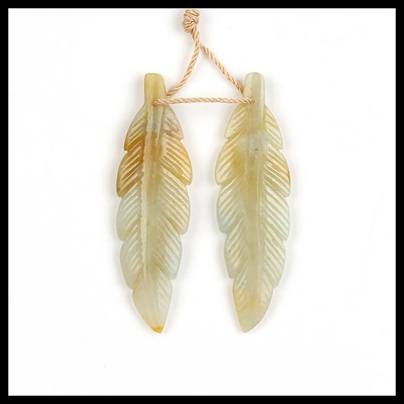

New Deisgn Natural Stone Gemstone Amazonite Carved Feather Shaped Long Earring Pairs 40x12x3mm 3.9g