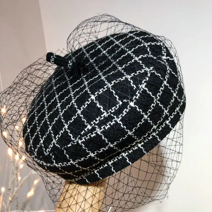

axi01808-black white plaid autumn plaid mesh Elegant warm leisure lady berets cap women painter restoring ancient hat