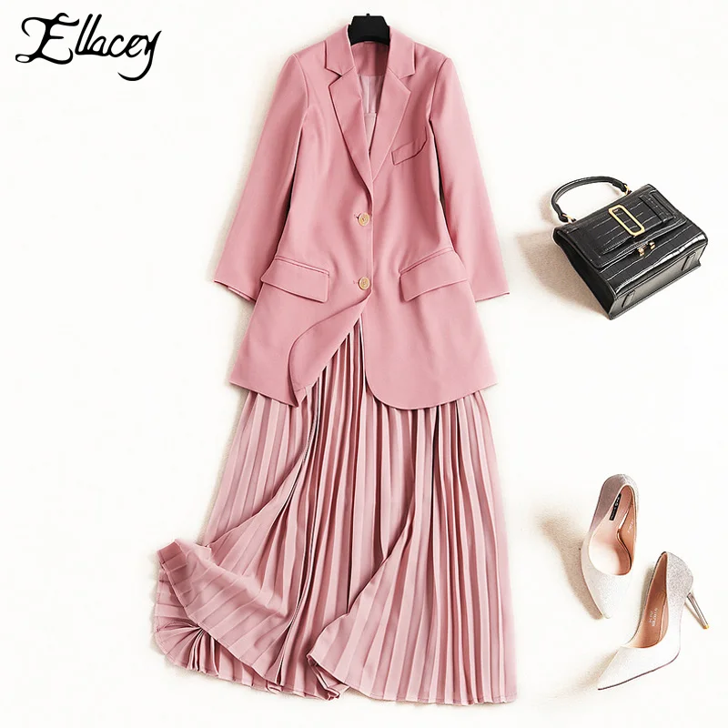

Ellacey 2019 Elegant Woman Evening Ceremony Clothes Blazer Dress Suit Jacket Chiffon Pleated Dress Women's Suit Office Sets