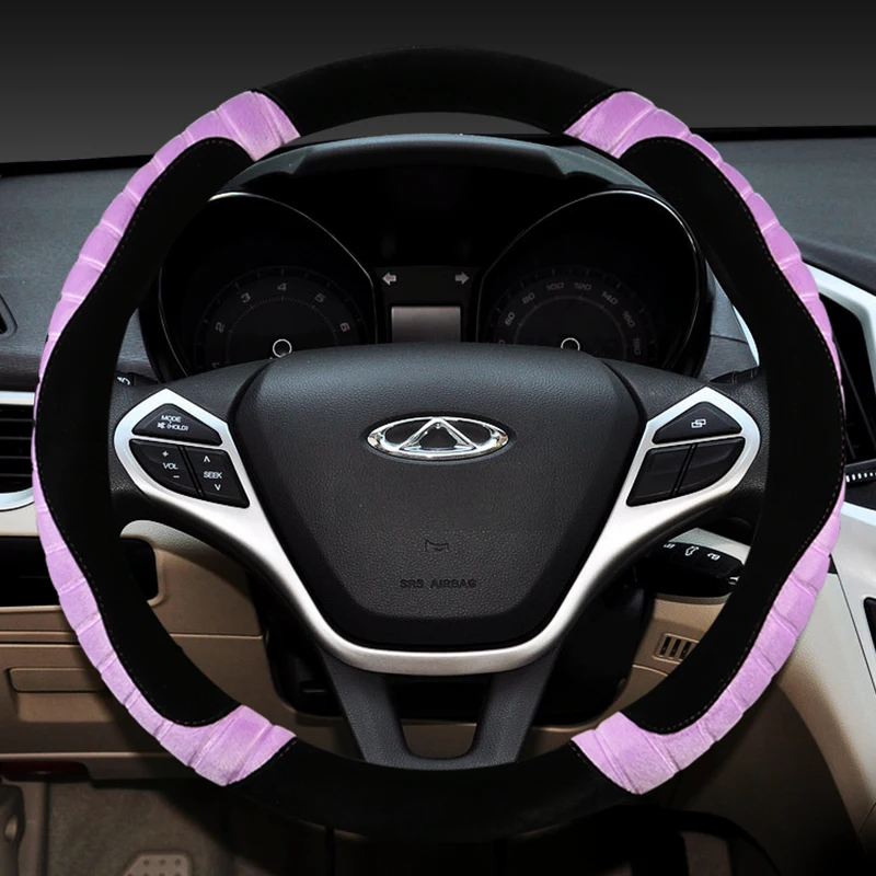 

KKYSYELVA 3D non-slip new plush steering wheel cover winter Two-color stitching soft hair car cover 6 colors optional