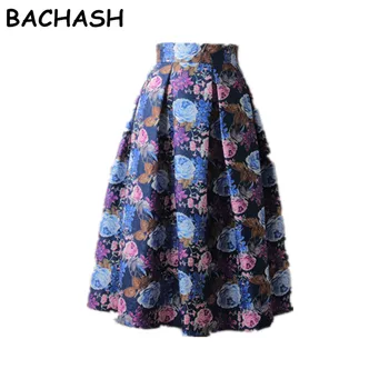 

Bachash 2020 Summer Women Skirt Vintage Peach Blossom Floral Print High Waist Ball Gown Pleated Midi Skater Skirts Saias