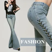 New Blue Bandage Lace Up Flare Jeans Women Split Hig Waisted Bell Bottom Jeans Stretch Skinny Trousers Bell Bottoms