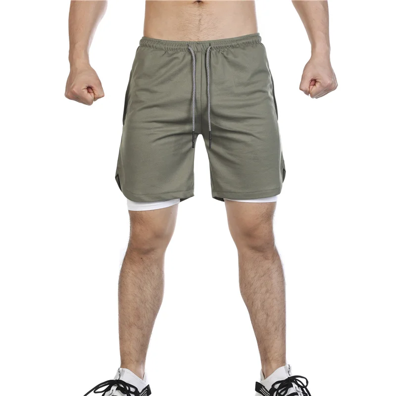 Новинка, двухслойные мужские шорты, летние, быстросохнущие, дышащие, для бега, мужские шорты, спортивные, тренировочные, для фитнеса, короткие штаны - Цвет: Армейский зеленый