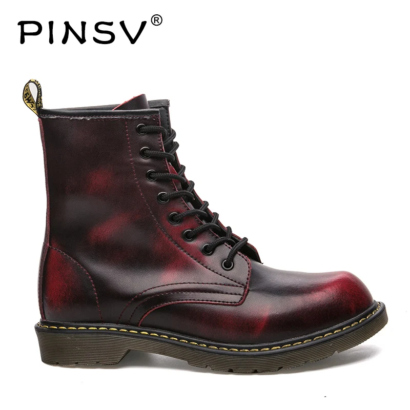 

PINSV Motorcycle Boots Men Work Shoes Ankle Leather Boots Men Military Boots Red Plus Size 38-47 Sapato Masculino
