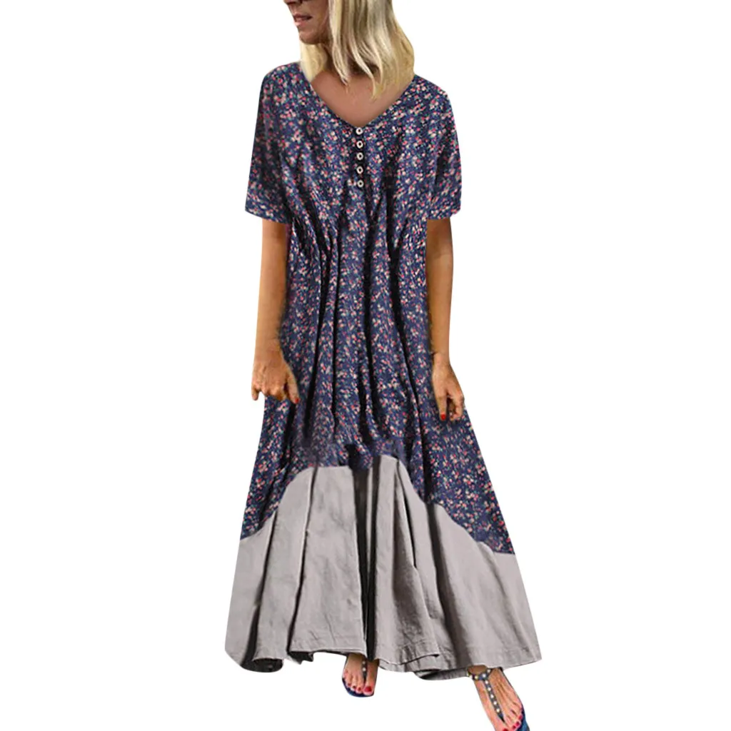 

Bohemian Plus Size Women 2019 Summer Dress Vintage Patchwork Casual V-Neck Loose Boho Long Plus Size Retro Vintage Maxi Dress