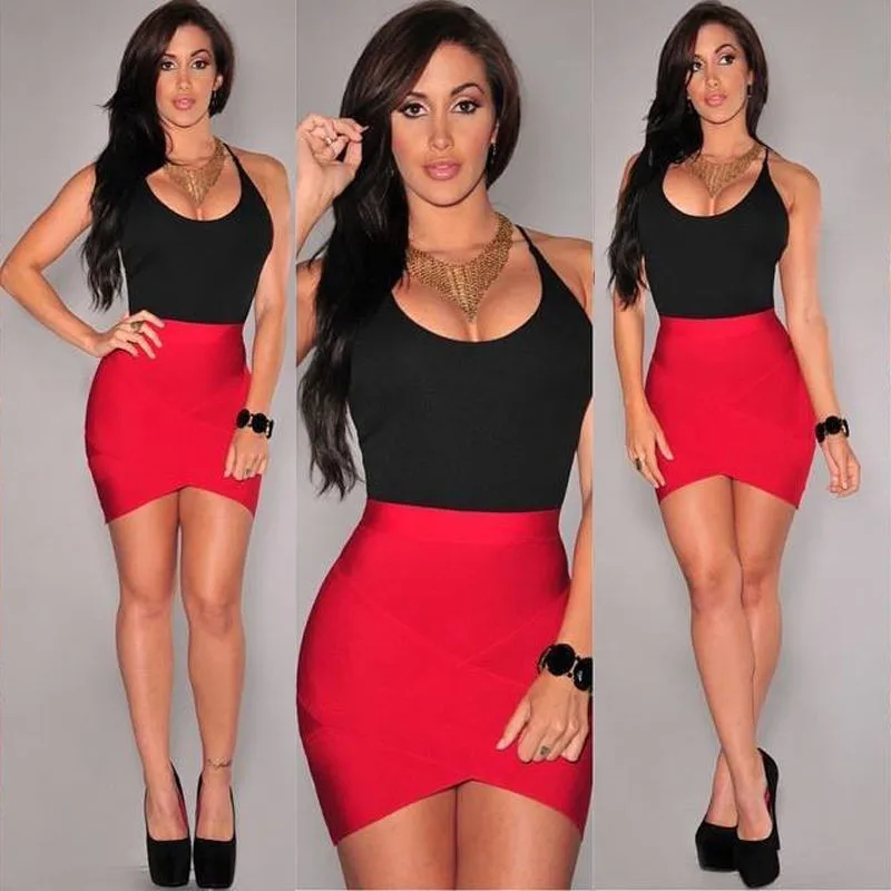 

Sexy Patchwork Red Black Bandage Dress Women Strappy Sleeveless Spaghetti Strap Stretch Evening Party Mini Dresses Vestidos