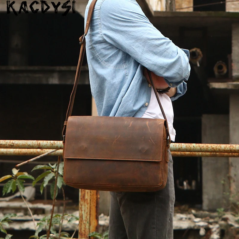 

Real Cowhide Leather Manual Mens Messenger Bags Retro Soft Shoulder Bag Luxury Casual Message Bag Male Fashion Crossbody Bag Hot