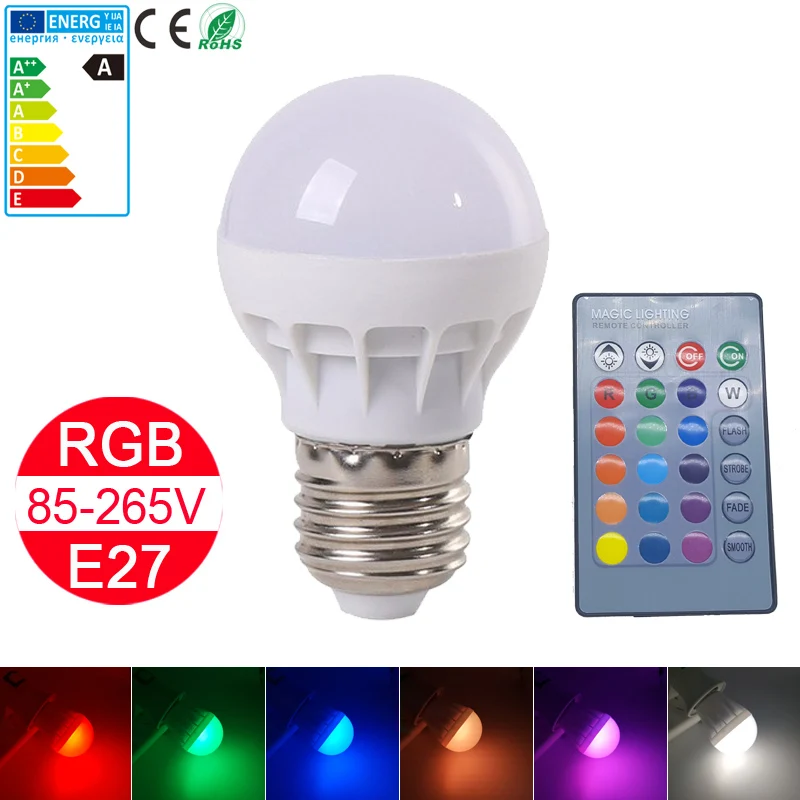E27 LED 16 цветов меняющая RGB Волшебная лампочка лампа 3 Вт AC85 265V 110В 220В лампада