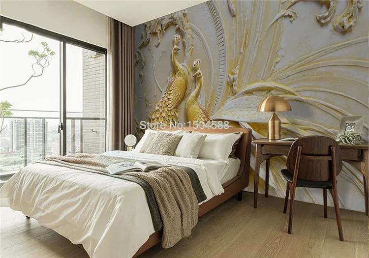 European Style 3D Relief Gold Peacock Mural Wallpaper Living Room TV Hotel Background Wall Home Decor Wall Papers For Walls 3 D