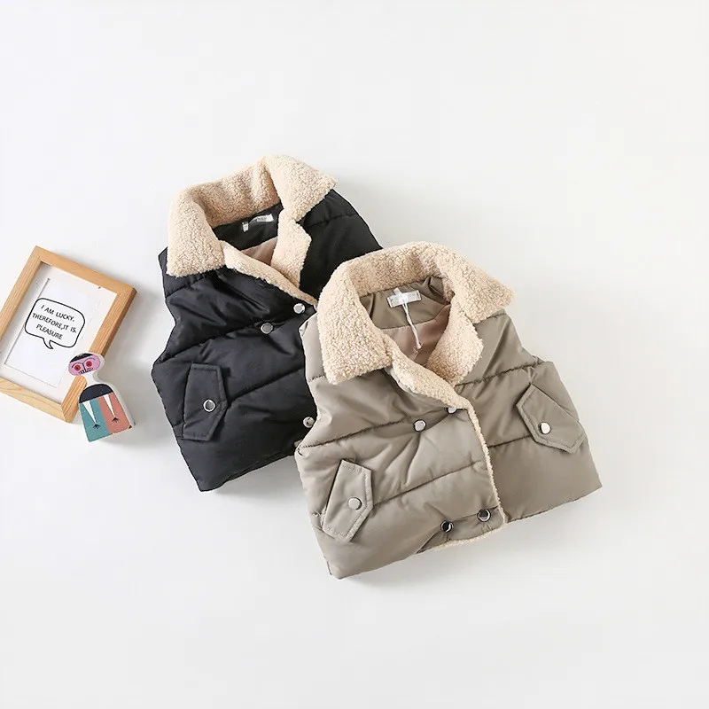 

Kids Winter Vest Coats New Winter Soild Color Double-breasted Turn Down Collar Cashmere Waistcoat Baby Boy Girl Thicken Coat