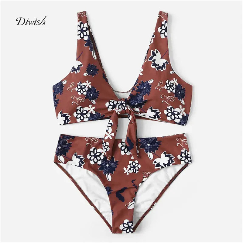 

Diwish Swimwear Women Bikini 2019 Women Swimsuit Two Piece Vintage Floral V-Neck Bow Brazilian Push Up Bikini Sexy Bathing Suit