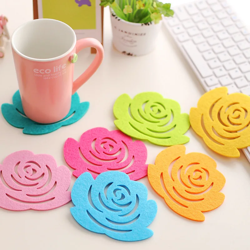 20pcs/lot laser cut felt craft coasters rose flower design Drink