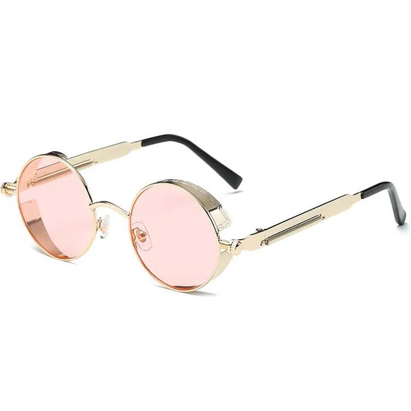 Ретро Классические круглые стимпанк Солнцезащитные очки, модные женские брендовые дизайнерские металлические светоотражающие солнцезащитные очки, красные зеркальные очки oculos de sol - Цвет линз: pink lens