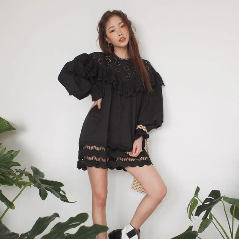 

SuperAen Korean Style Women Dress Ruffled Solid Color Ladies Dress Summer New 2019 Lace Embroidered Fashion Women Dress