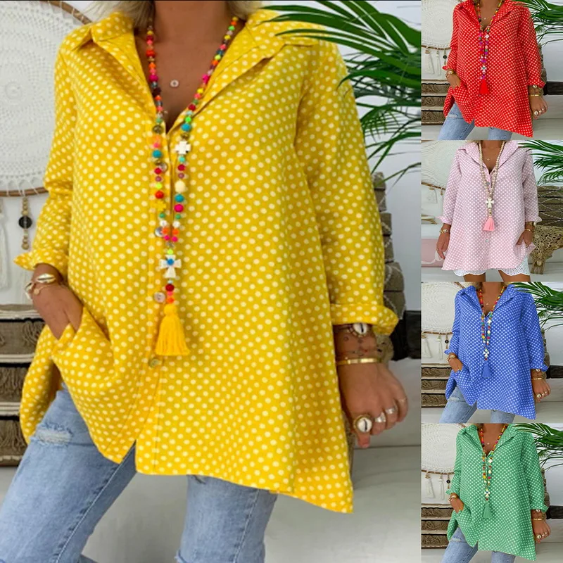 

2019 Fashion Loose Casual Dot Blouse Women Oversize 5XL Ladies Shirt Long Sleeve Button Turn Down Dot Shirt Tops Blouse Hippie