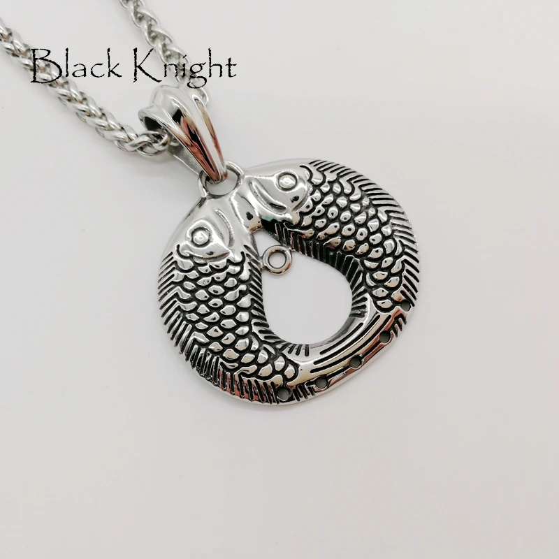 Black Knight Retro silver color Double fish pendant necklace stainless