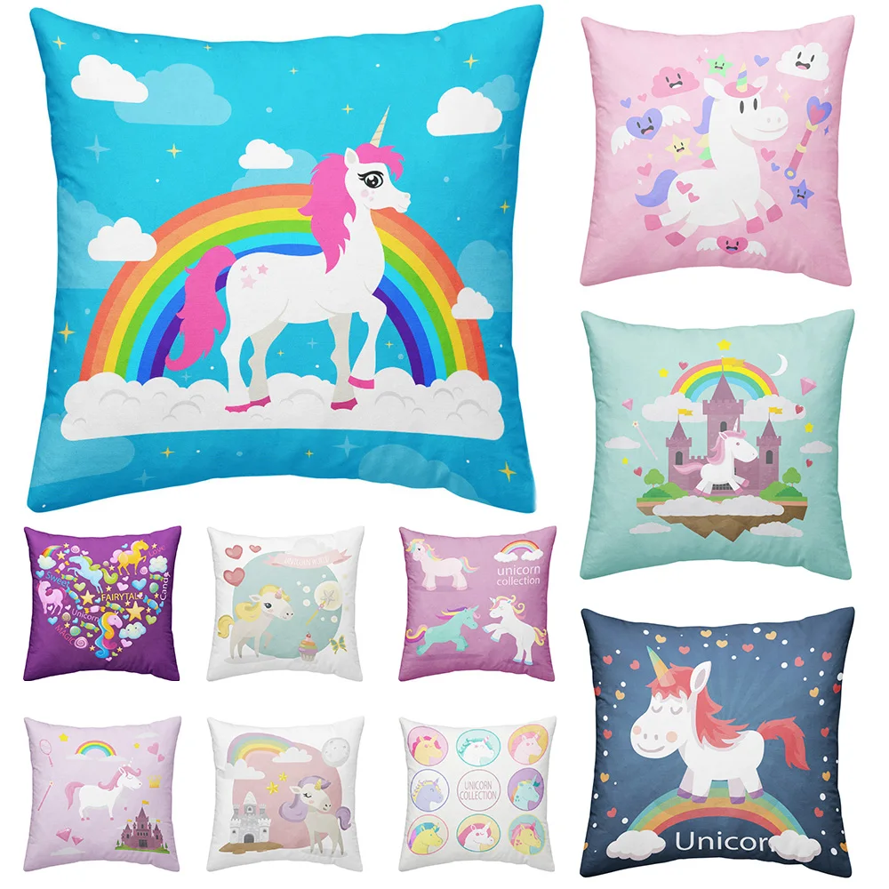 

Cute Cartoon Unicorn Cushion Cover Colorful Rainbow Print Kids Pillow Cover Home Decor Sofa Throw Pillows coussin decoration P15