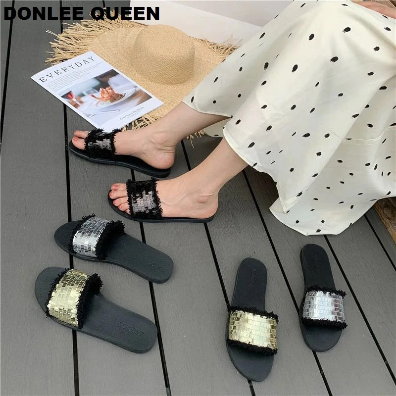 DONLEE QUEEN/женские шлепанцы блестящие тканевые с блестками женская повседневная