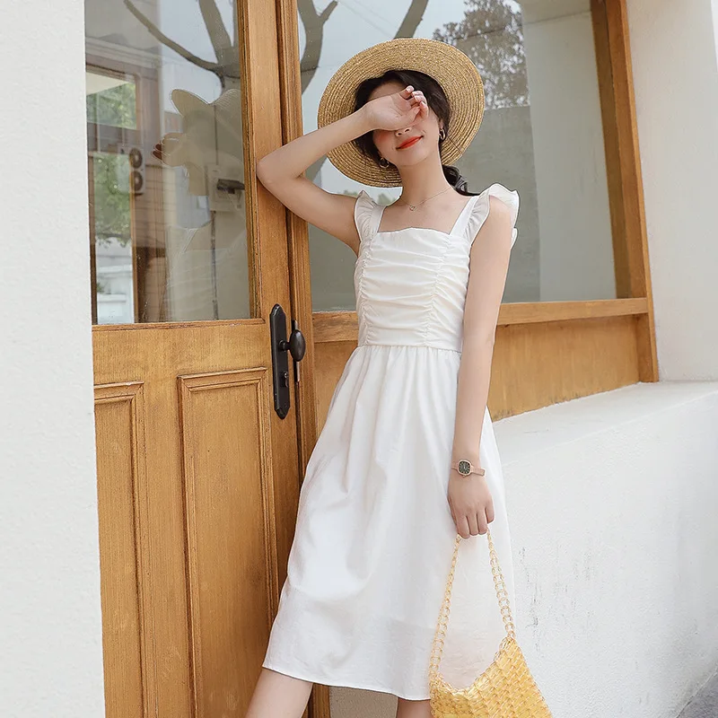 

2019 Summer Suit New French Pure Color Wooden Ear Fold Waist To Receive Temperament Square Collar Medium Long Strap Dress Women