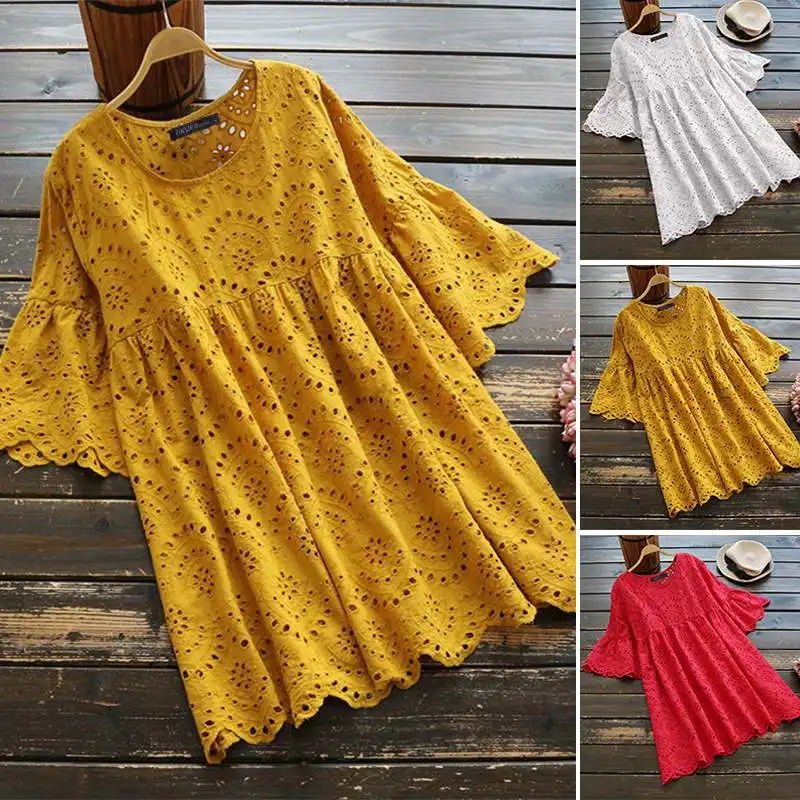  2019 ZANZEA Summer Hollow Out Blouse Women Ruffles Sleeve Shirt Robe Vintage Embroidered Tunic Tops