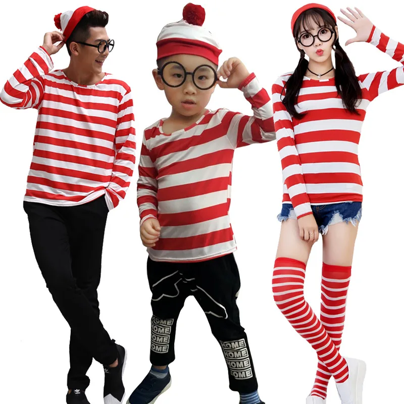 

Parent-Child Cartoon Where is Wally Waldo Cosplay Costume Red Stripe Shirt +Hat +Glasses,Parent-child and couple T-shirt Costume