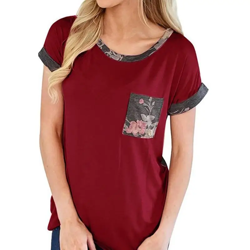 Summer Fashion Women Floral Print Short Sleeve T Shirts With Pocket