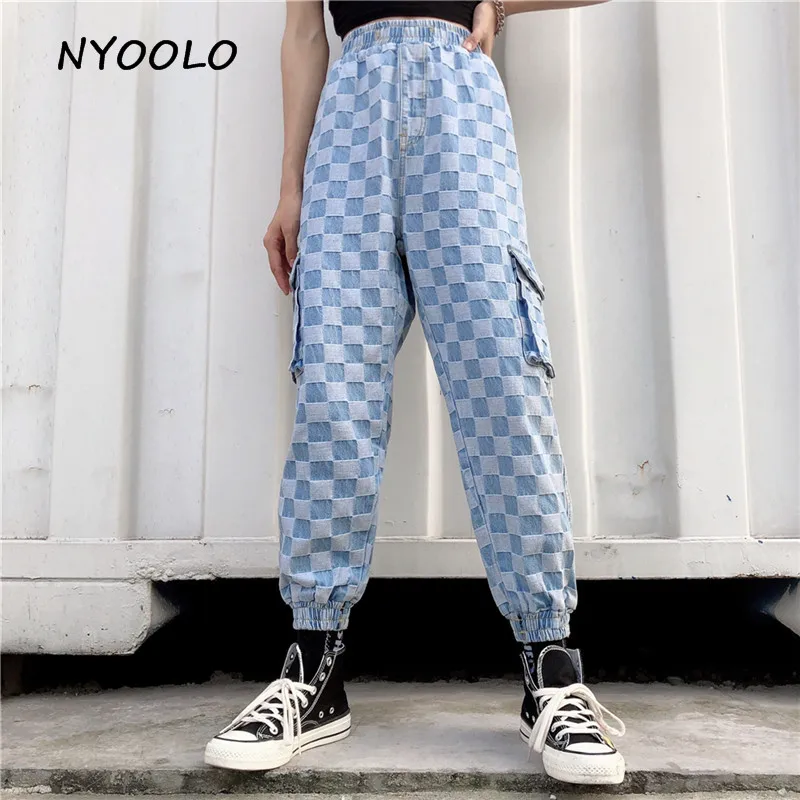 

NYOOLO Vintage Plaid Washed jeans Summer streetwear big pockets elastic waist ankle length cargo denim pants women men clothing