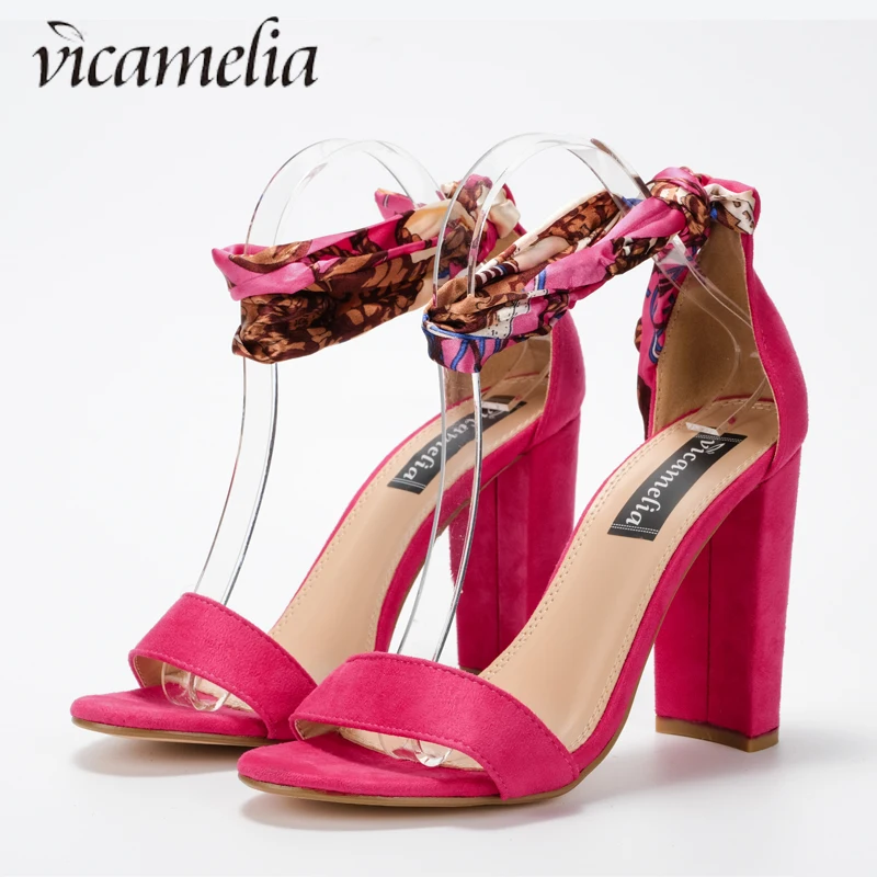 

Vicamelia Latest Fashion Spring Summer Suede Sandals Ladies Lace Up High Heel Sandals With Scarves Silk Strap Women Shoes 566