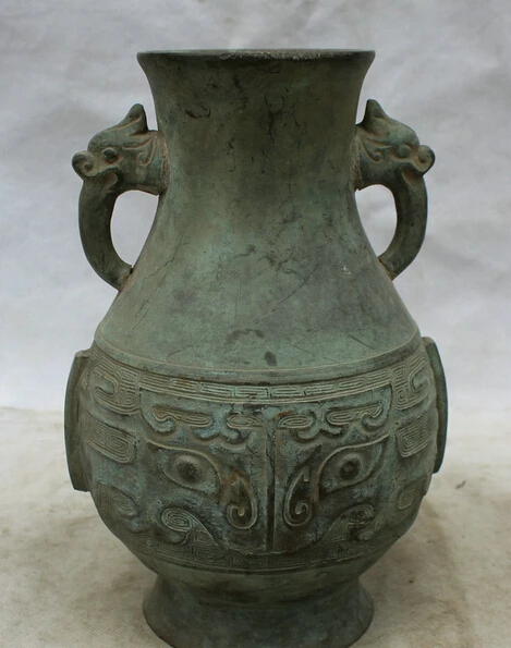 

JP S62 10" Ancient Chinese palace Bronze Beast handle container flower Bottle Vase