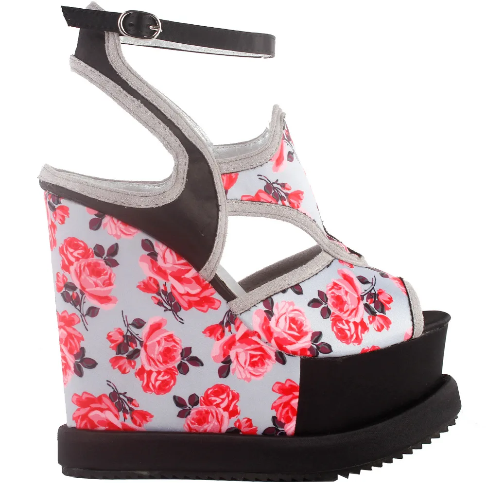 

LF38828 SHOW STORY Woman Black Grey Floral Print Cut-Out Ankle Strap Wedge Platform Sandals