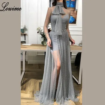 

Special Design Gray Couture Formal Evening Dresses 2019 Crystals Sheer Neck Side Split Evening Party Gowns With Sashes Vestidos
