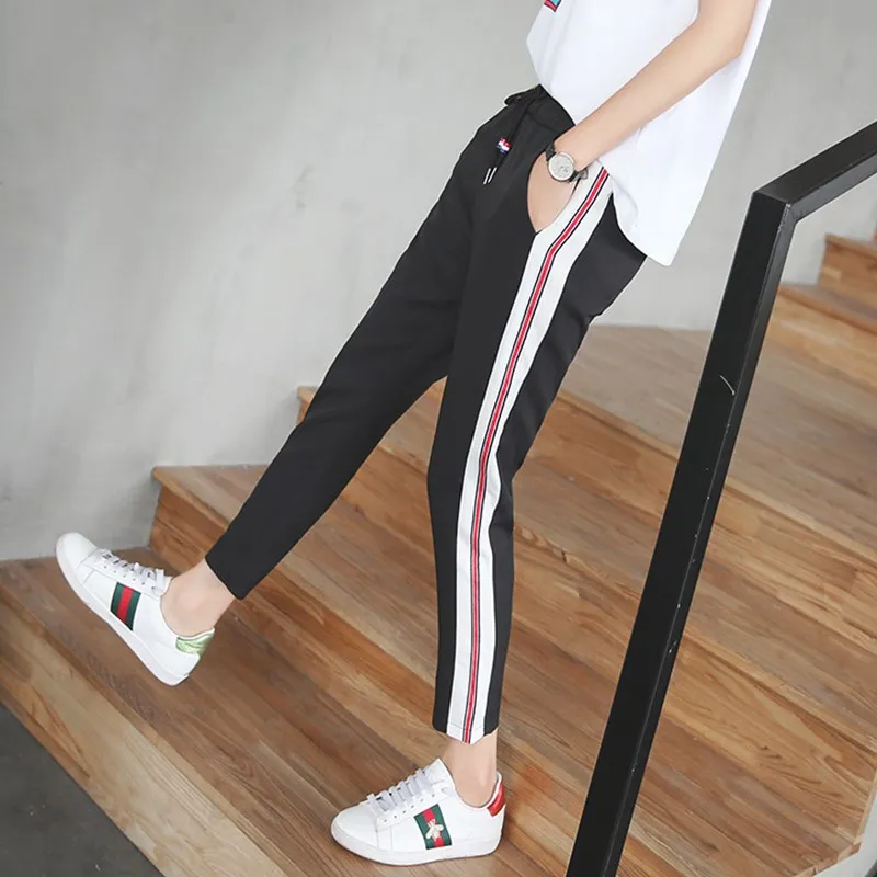 2018 Top Fashion Women Leather Striped Harem Pants Women