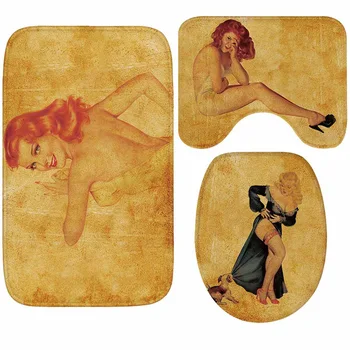 

Honlaker 3Pcs Vintage Beauty Bathroom Toilet Mats Bath Mat Set Washable Non-Fading Super Soft Flannel Bath Rug
