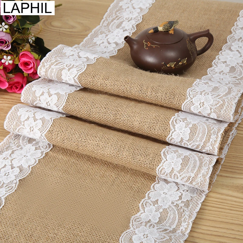 

LAPHIL 30x275cm Vintage Lace Burlap Table Runner Rustic Wedding Decoration Hessian Jute Tablecloth Birthday Christmas Party Deco
