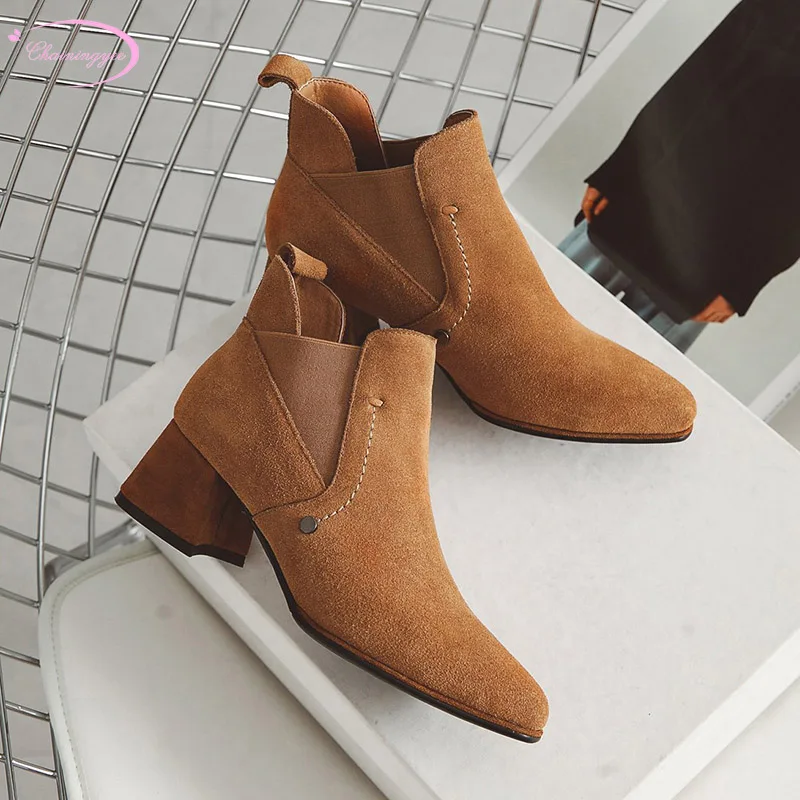 

European street style nubuck genuine leather autumn ankle boots fashion elastic rivet medium with thick riding boots women shoes