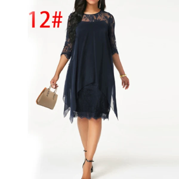 XS-5XL однотонное кружевное платье с рукавом три четверти и круглым вырезом для женщин элегантное шифоновое платье больших размеров Новая мода - Цвет: Dark blue
