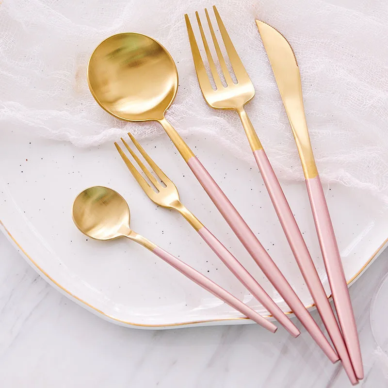 

KuBac 30Pcs Cutlery Set Pink Gold Tableware Set 18/10 Stainless Steel Fork Knife Scoop Set Silverware Set with Small fruit Forks