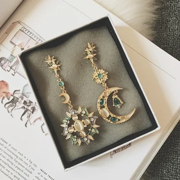 

famous brand zinc alloy Baroque retro style Korea Sun Moon gold long earrings Semi-precious stones women jewelry girlfriend gift