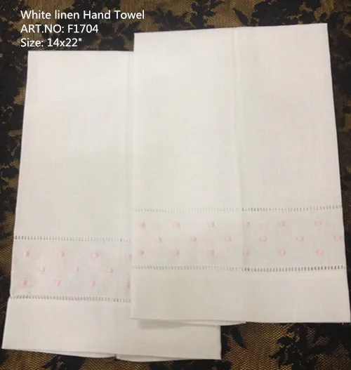 

Set of 12 Handkerchiefs White Linen Hemstitched Tea Towel -Cloth Guest Hand Dish Kitchen Bathroom Towels embroidery pink Dots