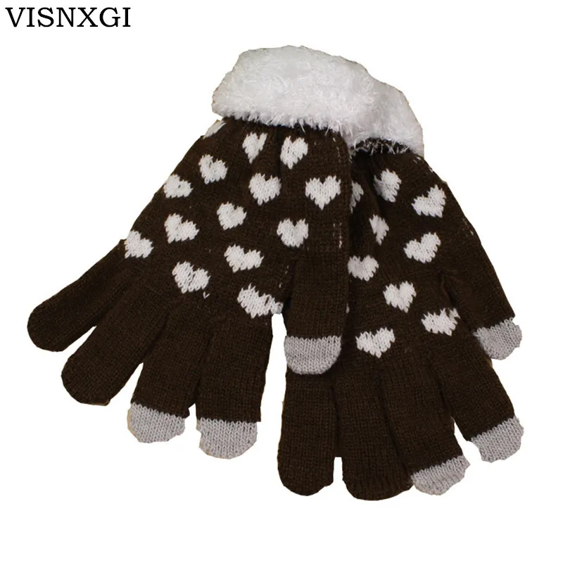 VISNXGI Высокое качество модные перчатки женские зимние теплые перчатки рукавицы из кашемира полный палец Топ сердце с принтом черный/серый