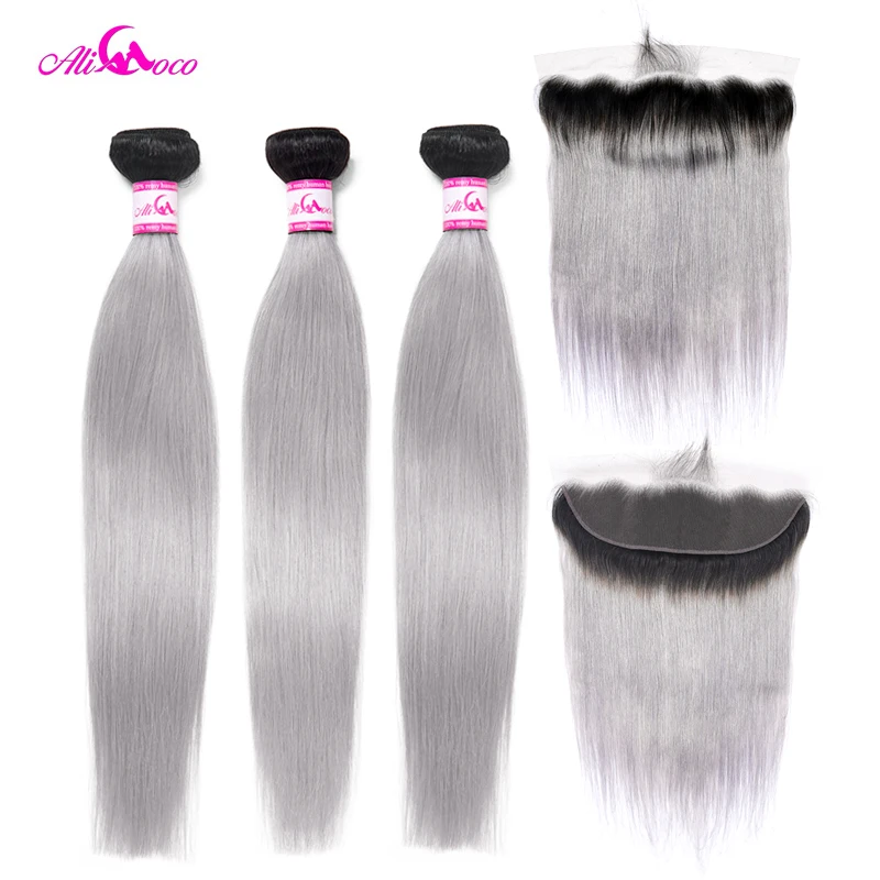 

Ali Coco Brazilian Straight 13X4 Lace Frontal Closure With Bundles 1B/Grey 2/3 Bundles With Lace Frontal 10-30 Inch Remy Hair