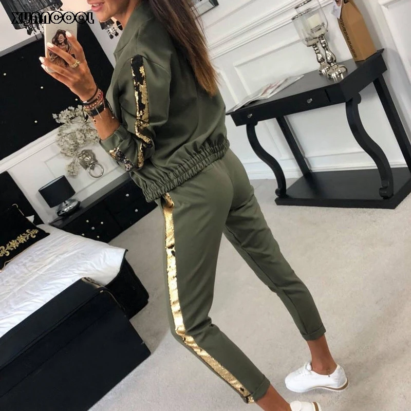 XUANCOOL Tracksuit Women Fashion Casual Sequin Sportswear Suit Zipper Cardigan Long Pant Two Piece Set Chandal Mujer XUANCOOL Tracksuit Women Fashion Casual Sequin Sportswear Suit Zipper Cardigan Long Pant Two Piece Set Chandal Mujer