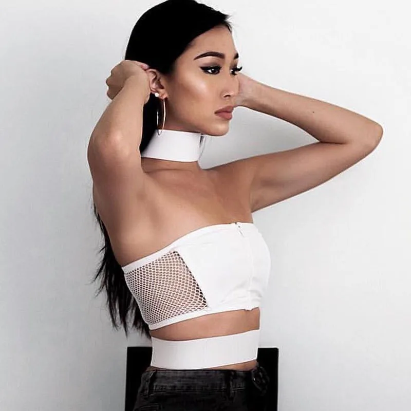 InstaHot Sexy Mesh Zipper Tube Tops Women Choker Neck Waist Circle Bandage Ribbon Sleeveless Backless Crop Tank Top Girl Fashion