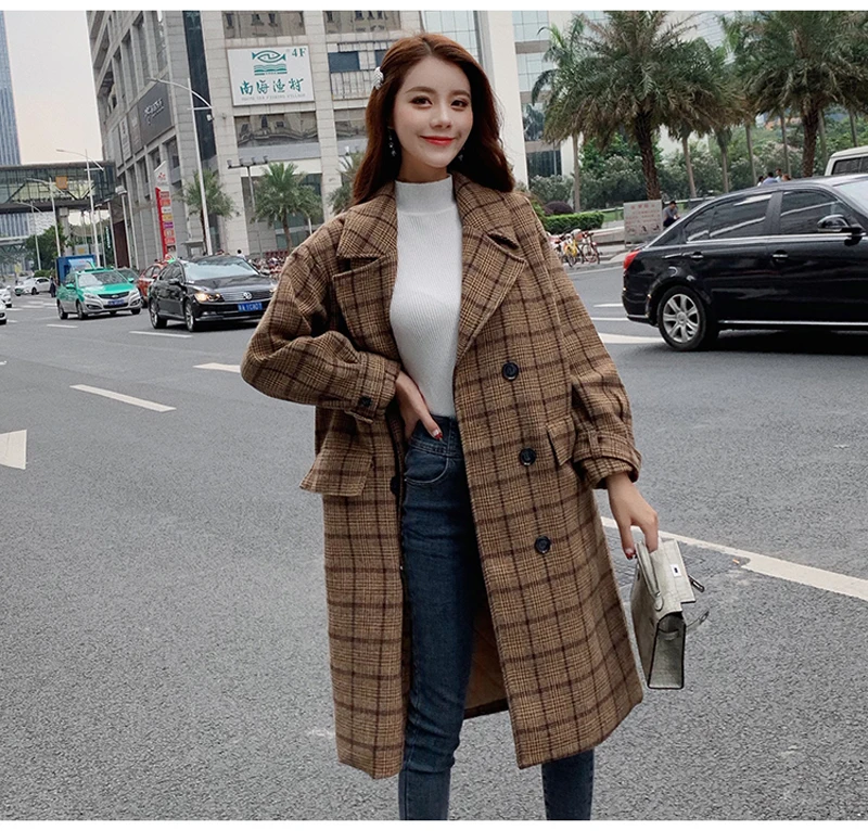 Zoki Loose Plaid Women Long Wool Blend Coat Fashion Winter Warm Jacket Elegant Double Breasted Autumn Fleece Outwear Plus Size