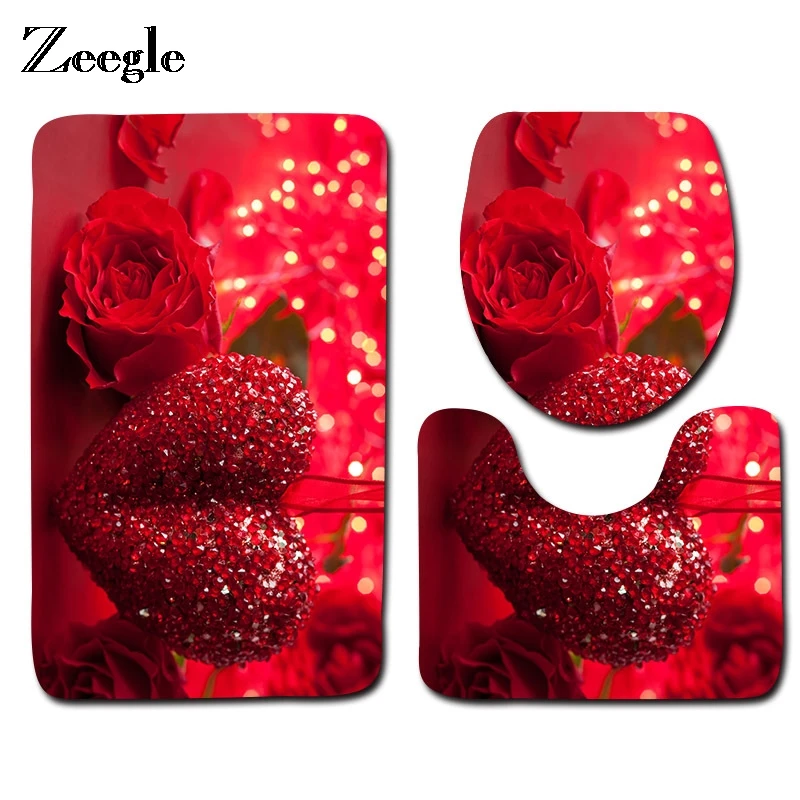 

Zeegle 3pcs Rose Printed Bath Mats Toilet Set Rugs Non-slip Bathroom Carpet Set Toilet Mats Lid Cover Shower Room Floor Mats