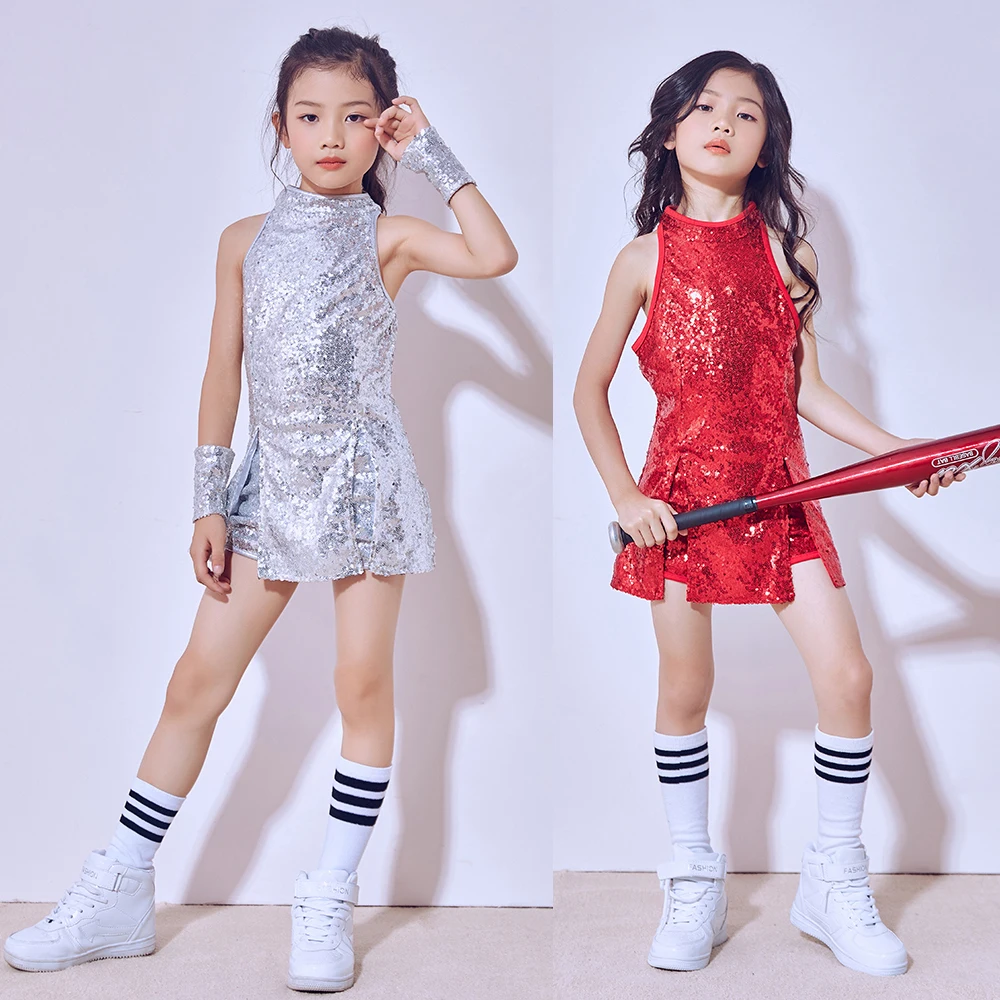 

Kids Sliver Hip Hop Clothing Outfits Dance Costumes for Girls Sequined Cheerleader Top short Pants Jazz Ballroom Dancing Suits