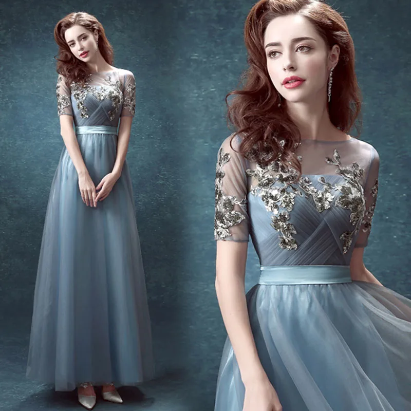 New Arrived Ombre Prom Dress Party Blue Scoop Sequined Dress Long