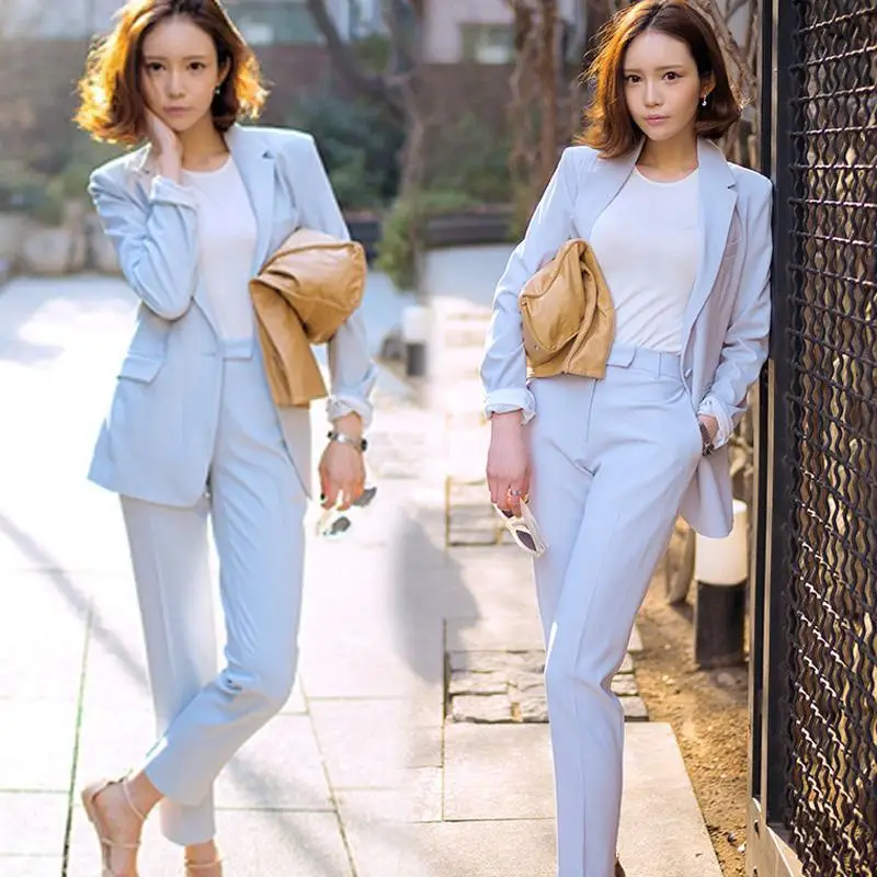 2018 Spring Women Suit Sets Elegant Casual Long Sleeve Leisure Soild Color Suit Jacket Harlan Pants Light Blue Twinset 2018 Spring Women Suit Sets Elegant Casual Long Sleeve Leisure Soild Color Suit Jacket Harlan Pants Light Blue Twinset